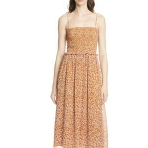 Joie Ambroise Printed Smocked Silk Copper Midi Dress